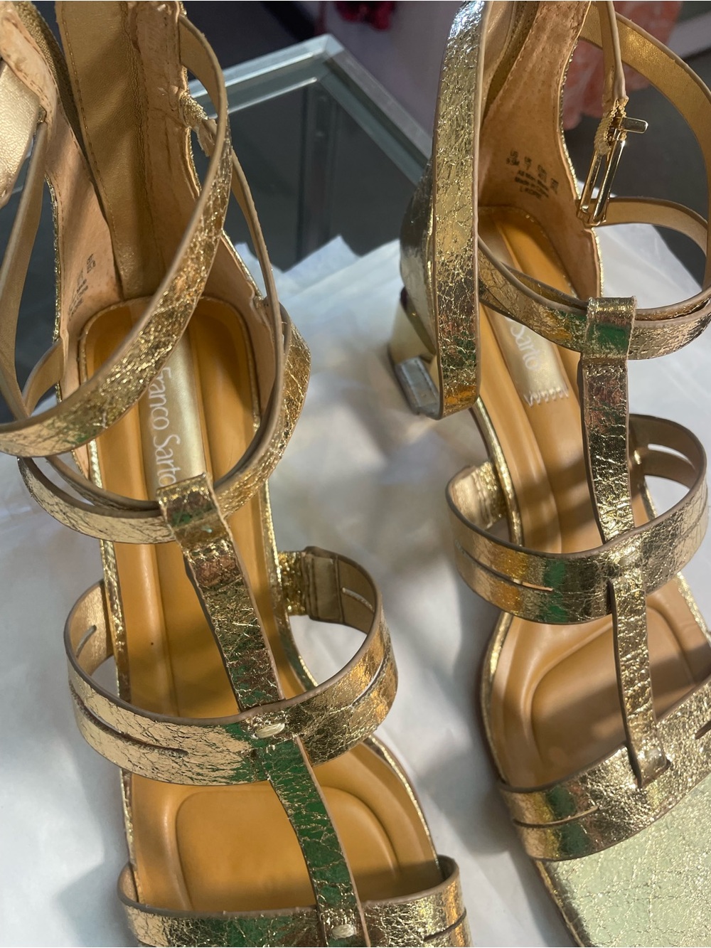Franco Sarto Gold Metallic Strappy Block Heel Sandals - Picture 6 of 9